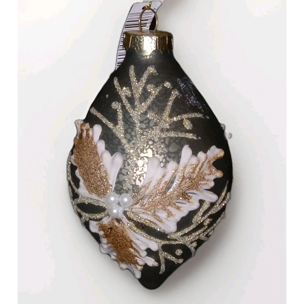 New Christmas Ornament‎ Glass Silver Antiqued Ivory Poinsettia 5.5 in